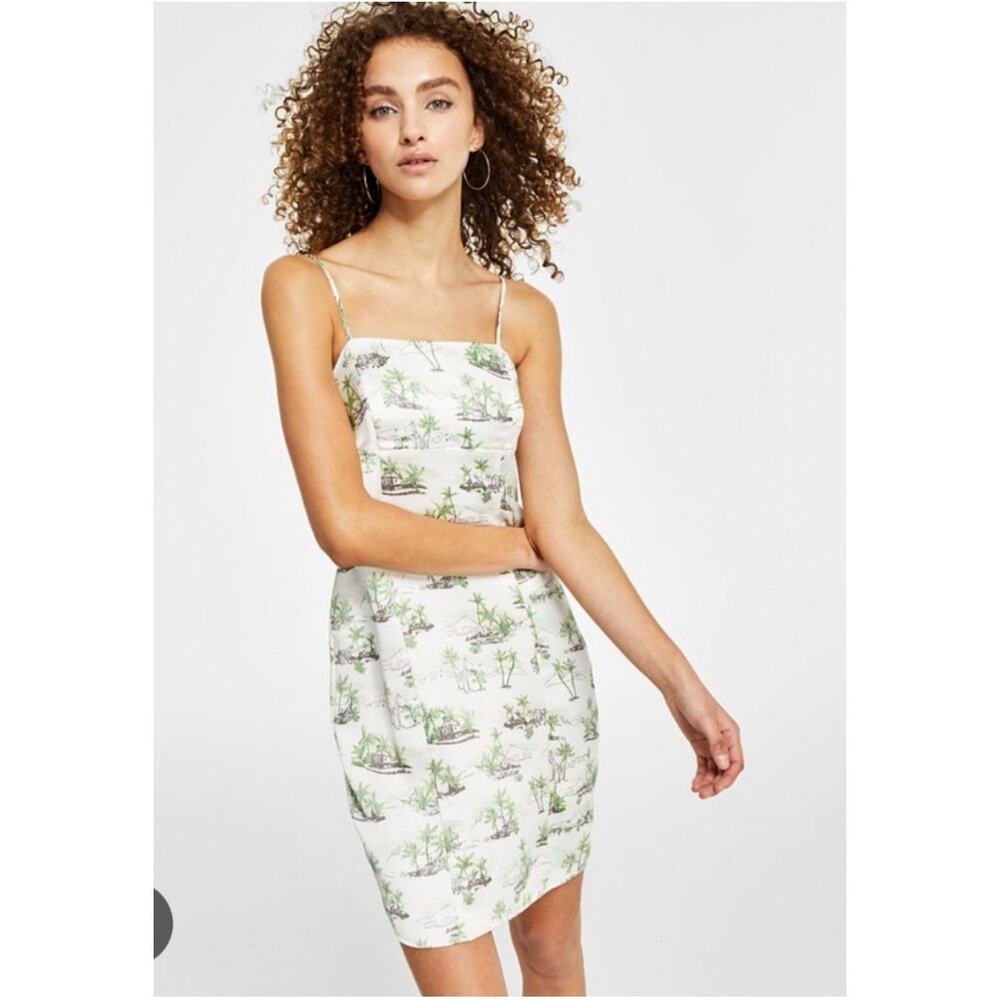 LARGE- Hippie Rose Junior Spaghetti-Strap Satin Dress Ivory Toile Square Neck